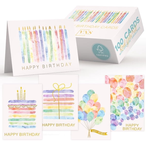 100 Pack 4x6 Happy Birthday Cards Bulk with Envelopes | Stickers, Boxed,Variety, Office Party, Assorted Birthday Greeting Note Cards, Assortment Box for Kids & Adults