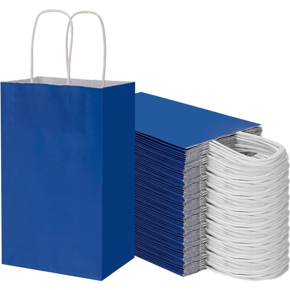 100 Pack 5.25x3.25x8.25 Inch Small Royal Blue  Paper Bags with Handles Bulk,   Wrap Bags for Favor Grocery Retail Party Birthday Shopping Business Goody Craft Merchandise Take Out Sacks