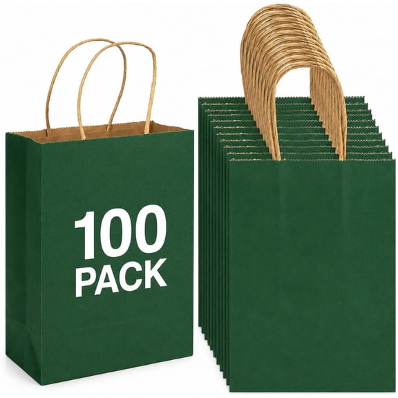 100 Pack 5.9x3.15x8.26 inch Small Green Gift Bags, Kraft Bags with Handles Bulk for Birthday Party Favors,Gift Paper Bags,Retail Shopping Business Goody Craft Gift Bags