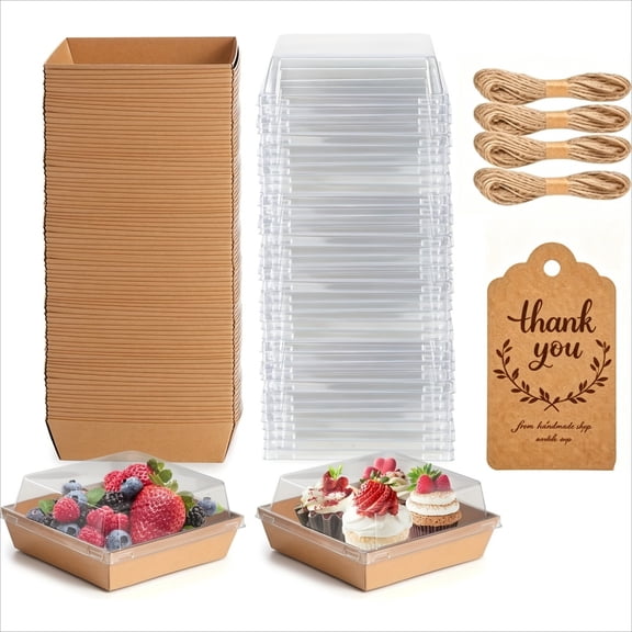 100 Pack 5 Inch Kraft Charcuterie Boxes with Clear Lids and 100 labels, Disposable Square Bakery Boxes To Go Food Containers for Charcuterie, Cake Slices, Desserts, Strawberries and Cookies