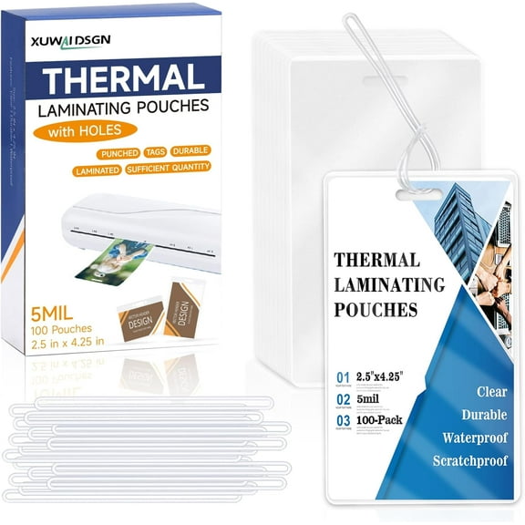 100 Pack 5 Mil Laminating Pouch with Clear Loop 2 1/2" x 4 1/4" Luggage Tag Laminating Pouches with Slot Hole Thermal Laminate Pouch Tags Kit Resealable for Work Permits Pass Cards Student ID Cards