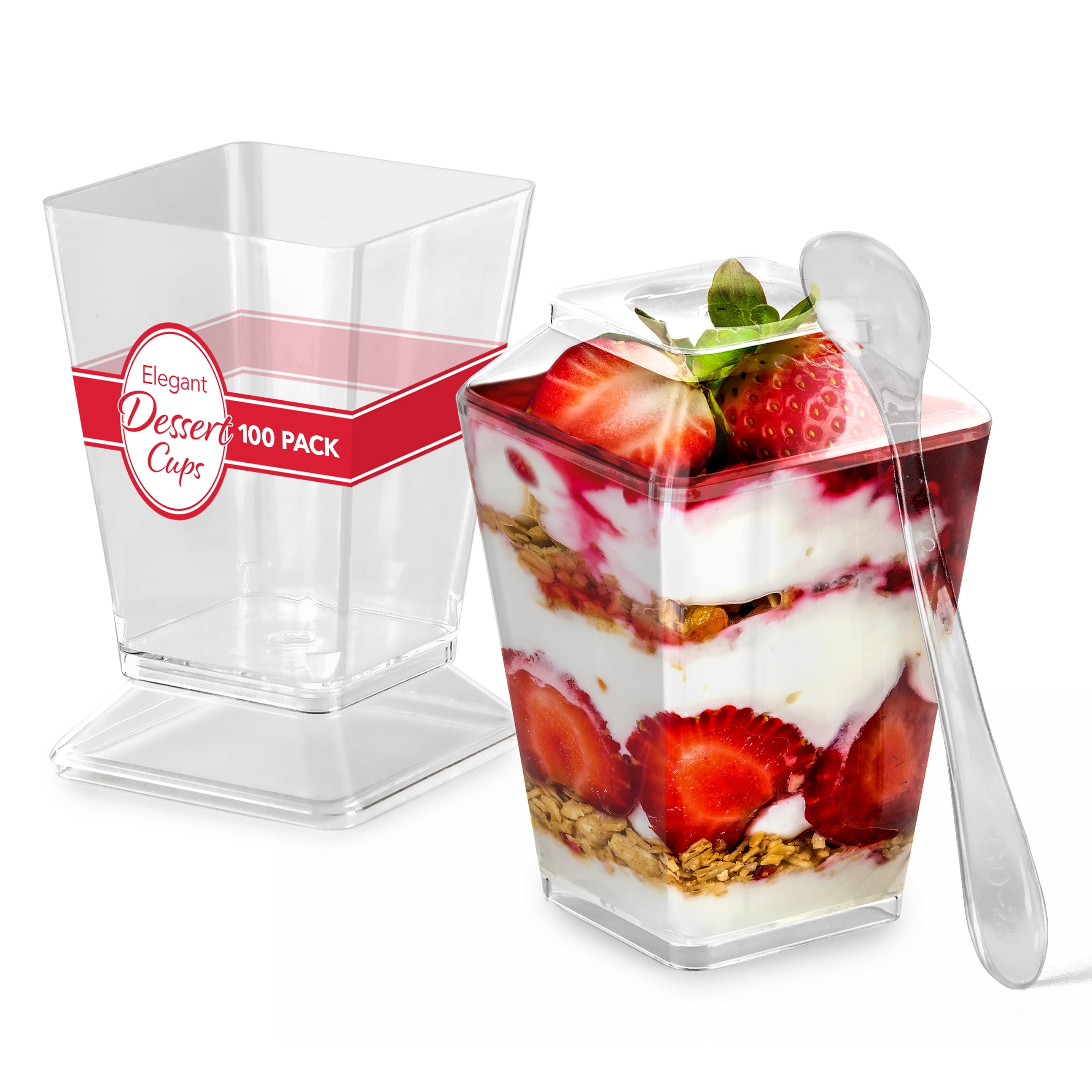 100 Pack 5 oz Elegant Mini Clear Plastic Dessert Cups with Lids and Spoons Square Parfait Cup w