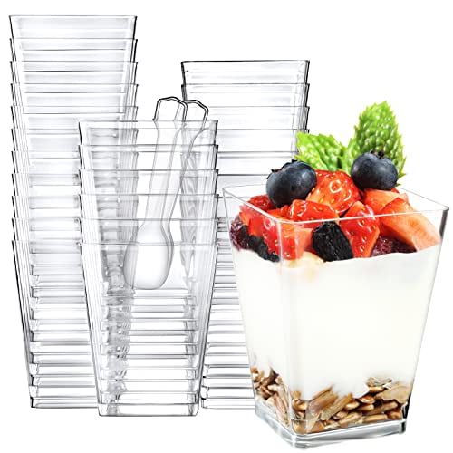 100 Pack 5 oz Square Clear Plastic Dessert Cups with Spoons Perfect
