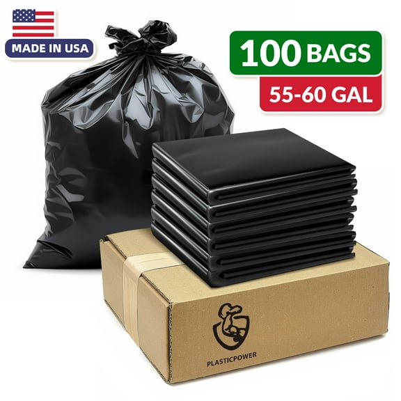100 Pack -55-60 Gallon Heavy Duty Trash Can Bags - 2 Mil Thickness, Ultra Durable, Leak Proof, Black -large yard waste bagsIdeal for Kitchen, Commercial, Building - Made in the USA