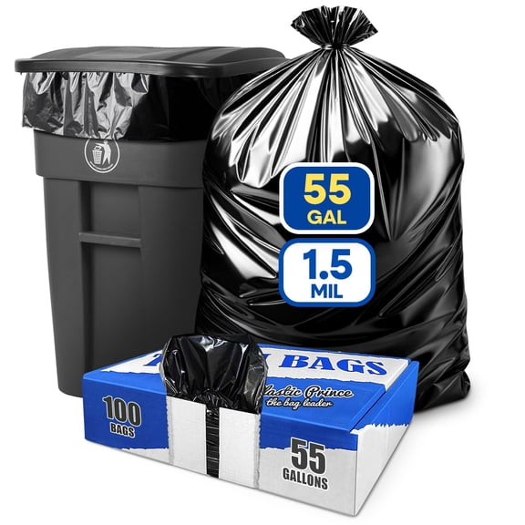 (100 Pack) 55-60 Gallon Trash Bags, 1.5 Mil, Heavy Duty, Fit Rubbermaid Brute Rollout, Round and Square 32-55 gal Trash Cans, 43" x 47" Large Durable Garbage Trash Can Liners, Bulk (1.5 Mil Black)