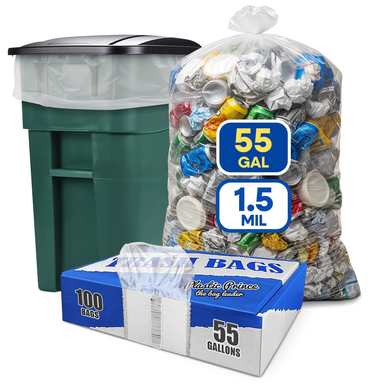 (100 Pack) 55-60 Gallon Trash Bags, 2 Mil, Heavy Duty, Fit Rubbermaid Brute Rollout, Round and Square 32-55 gal Trash Cans, 43" x 47" Large Durable Garbage Trash Can Liners, Bulk (2 Mil Clear)
