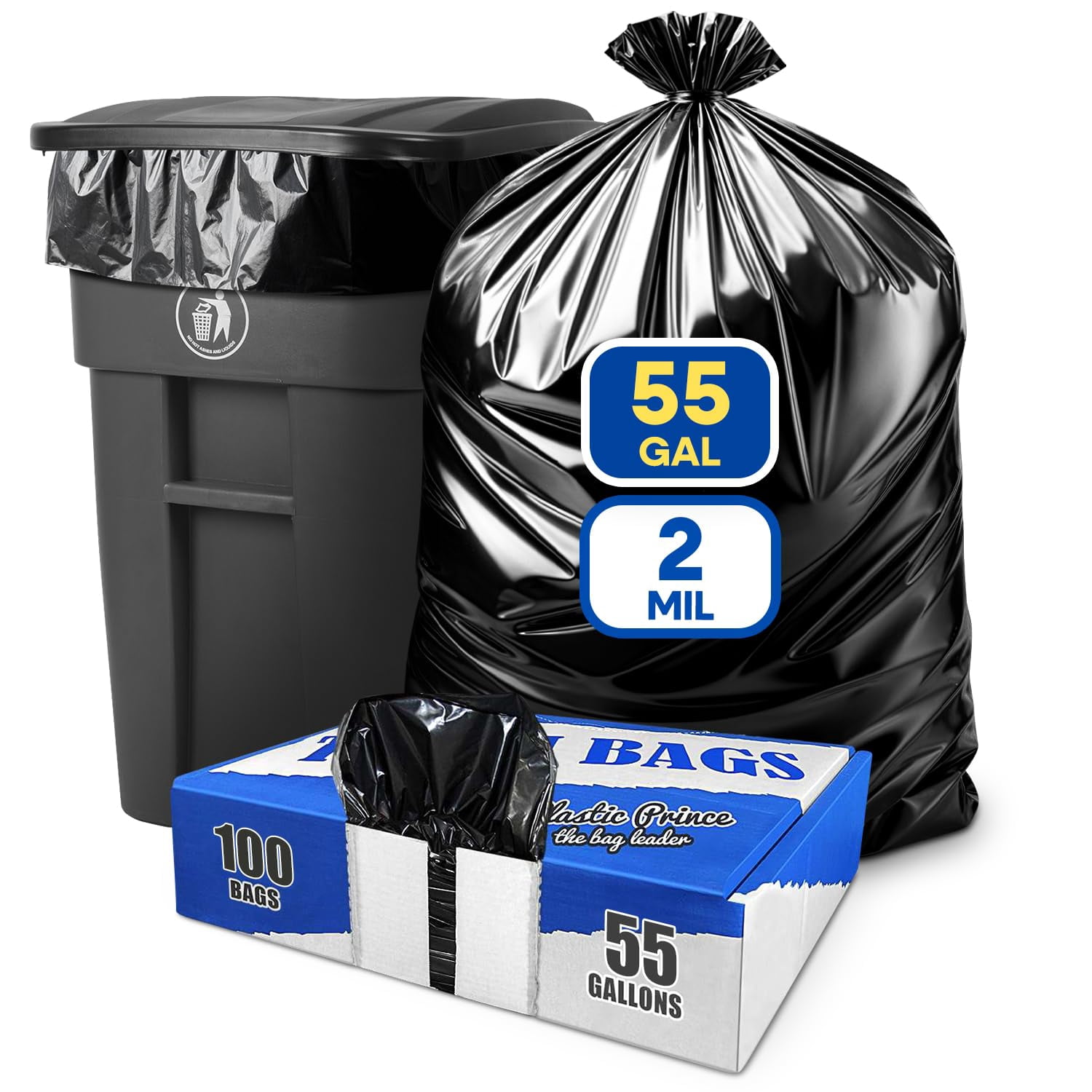 (100 Pack) 55-60 Gallon Trash Bags, 2 Mil, Heavy Duty, Fit Rubbermaid Brute Rollout, Round and Square 32-55 gal Trash Cans, 43" x 47" Large Durable Garbage Trash Can Liners, Bulk (2 Mil Black)