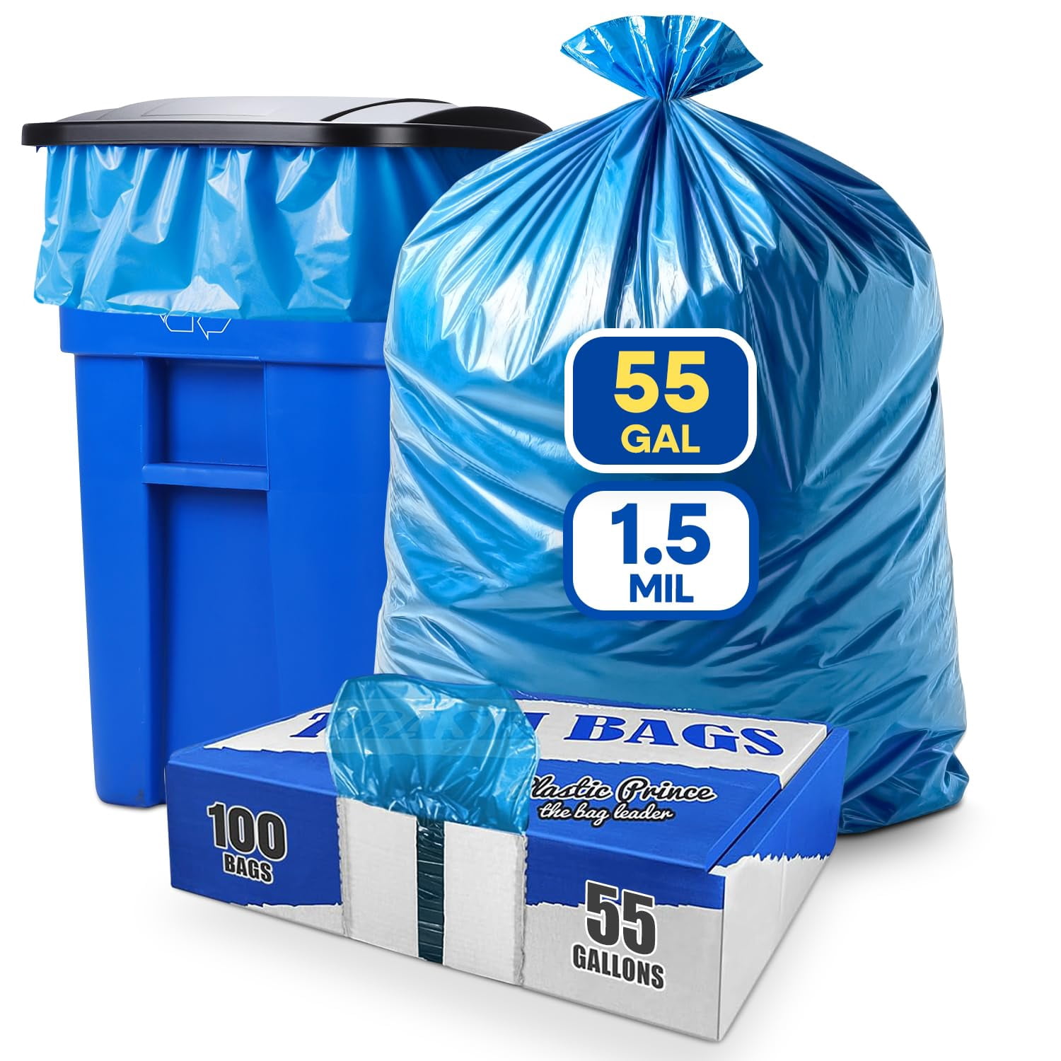 (100 Pack) 55-60 Gallon Trash Bags, 2 Mil, Heavy Duty, Fit Rubbermaid Brute Rollout, Round and Square 32-55 gal Trash Cans, 43" x 47" Large Durable Garbage Trash Can Liners, Bulk (2 Mil Blue)