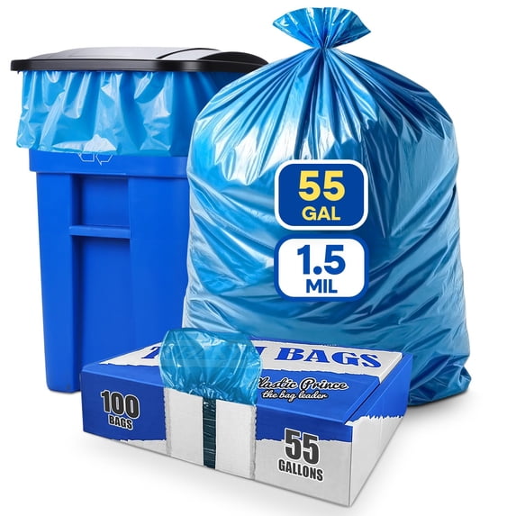 (100 Pack) 55-60 Gallon Trash Bags, 2 Mil, Heavy Duty, Fit Rubbermaid Brute Rollout, Round and Square 32-55 gal Trash Cans, 43" x 47" Large Durable Garbage Trash Can Liners, Bulk (2 Mil Blue)