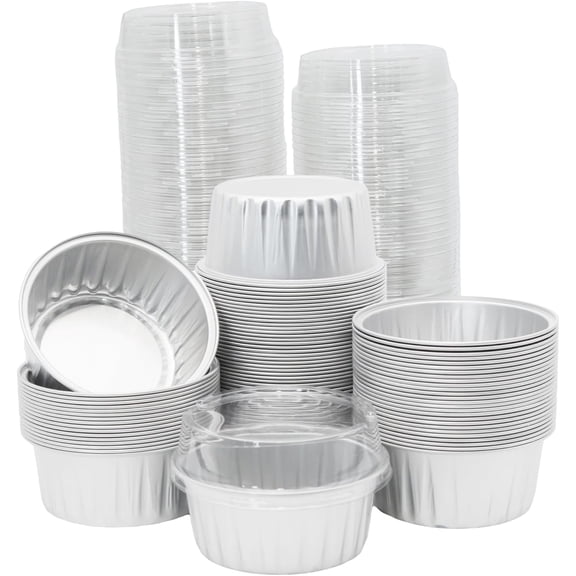 100 Pack 5oz Aluminum Cups with Lids Mini Tins Flan Containers with Lids Cupcake Baking Holders, Silver