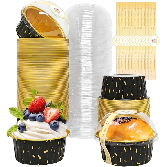 100 Pack 5oz Cupcake Pans with Dome Lids,5 oz Disposable Ramekin Cupcake Liners,Reusable Mini Muffin Case Dessert Containers for Birthday Wedding Party (Meteor Shower)