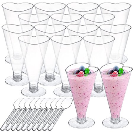 100 Pack 5oz Heart shaped Clear Plastic Dessert Cups with Spoons, Appetizer Serving Cups for Desserts, Appetizers, Puddings, Mousse