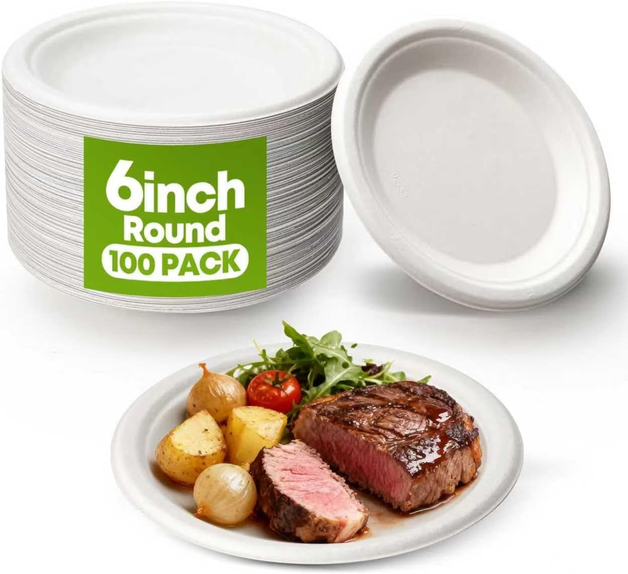 100 Pack 6 Inch Disposable Small Paper Plates,Heavy Duty Dessert Plates - Compostable, Microwave-Safe, Leak-Proof, Ideal for Parties, Picnics & Daily Use