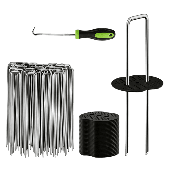 100 Pack 6-Inch Galvanized Garden Stakes, 11-Gauge Landscape Staples with 20 Washers and Pulling Tool, Heavy-Duty Sod Pins for Weed Fabric, Ground Cover, and Outdoor Fencing