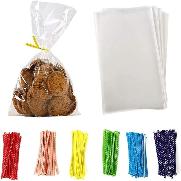 100-Pack 6" x 8" Clear Flat Cellophane Disposal Bags for Bakery, Popcorn, Cookies, Candy. Comes with a free metallic twist tie!