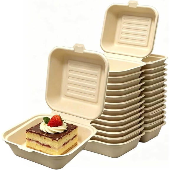 100 Pack 6x6 Compostable Clamshell Takeout Food Containers Sandwich Boxes | Heavy Duty Bamboo To Go Containers with Lids, Biodegradable Food Boxes for Burgers Sandwiches Cake, Microwave Freezer Safe