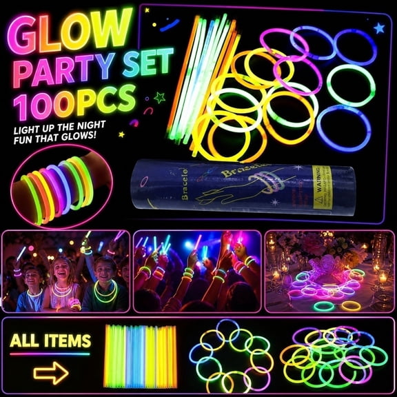 100 Pack 8.27in Glow Sticks Bulk, Neon Light-Up Party Supplies for , Halloween, Concerts, Weddings, and Night Events, Long-Lasting Glow Party Favors