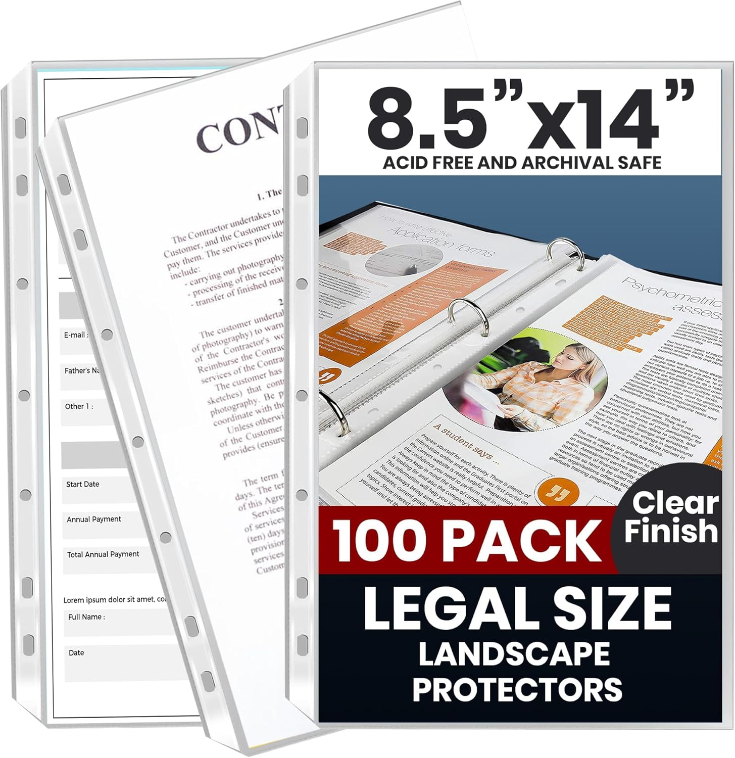 100 Pack of 8.5” x 14” Legal Size Heavyweight Clear Sheet Protectors, Plastic Page Protectors Top Load, Reinforced Holes, Acid-Free and Archival Safe Sheet for Binders Documents