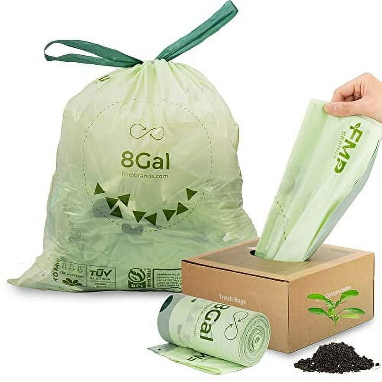 100 Pack] 8 Gallon Compostable Trash Bags - Drawstring Unscented