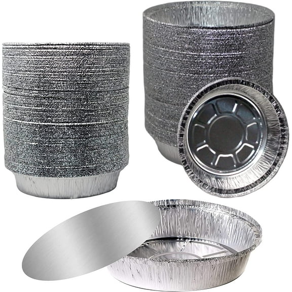 (100 Pack) - 8 Inch Disposable Round Aluminum Foil Take-Out Pans with Board Lids Set - Disposable Tin Containers, Perfect for Baking, Cooking, Catering, Parties, Restaurants by EcoQuality