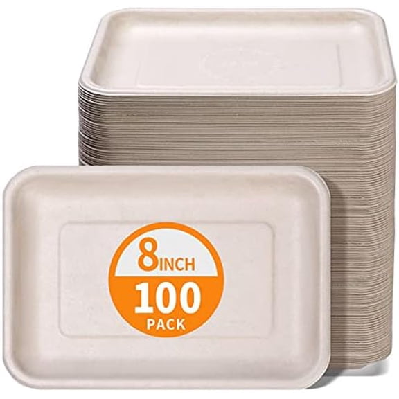 100 Pack 8 Inch Rectangle Paper Plates, 8 x 6 inch Food Trays Disposable Rectangle Plates for Tacos, Meat, Dessert, Snack