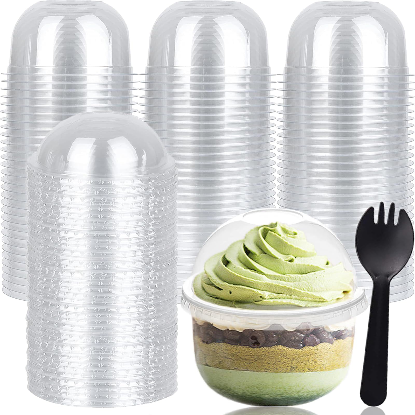 100 Pack 8oz Clear Plastic Parfait Cups with Dome Lids and Sporks