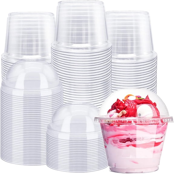 100 Pack 8oz Plastic Cups with Dome Lids,PET Crystal Clear Cups,Disposable Dessert Cups for Ice Cream,Fruit,Parfait,Pudding,Yogurt,Jelly