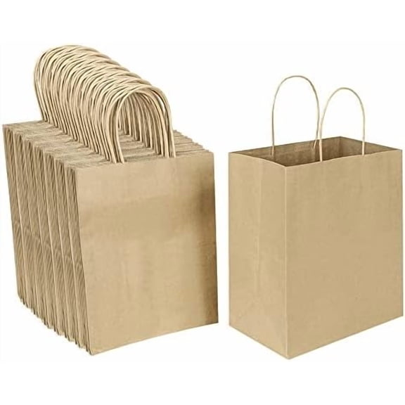 100 Pack 8x4.75x10 Inch Medium Brown Kraft Paper Bags with Handles Bulk for Wedding Birthday Party Favors Grocery Retail Shopping Business Goody Craft Gift Bags Sacks (Plain Natural 100 Count)