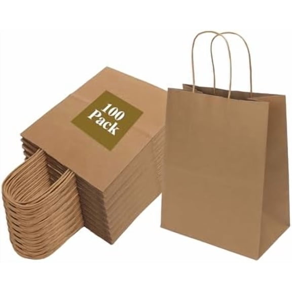 100 Pack 8x4.75x10 Inch Medium Brown Paper Bags with Handles Bulk, Kraft Paper Gift Bags for Birthday Party Favors Grocery Retail Shopping Business Goody Craft Blank Sacks (Plain Natural 100pcs)