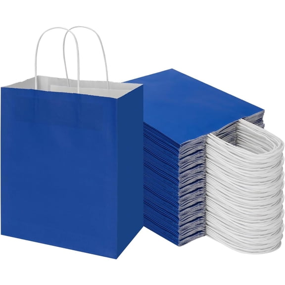 100 Pack 8x4.75x10 Inch Medium Royal Blue  Paper Bags with Handles Bulk,  Wrap Bags for Favor Grocery Retail Party Birthday Shopping Business Goody Craft Merchandise Take Out sacks