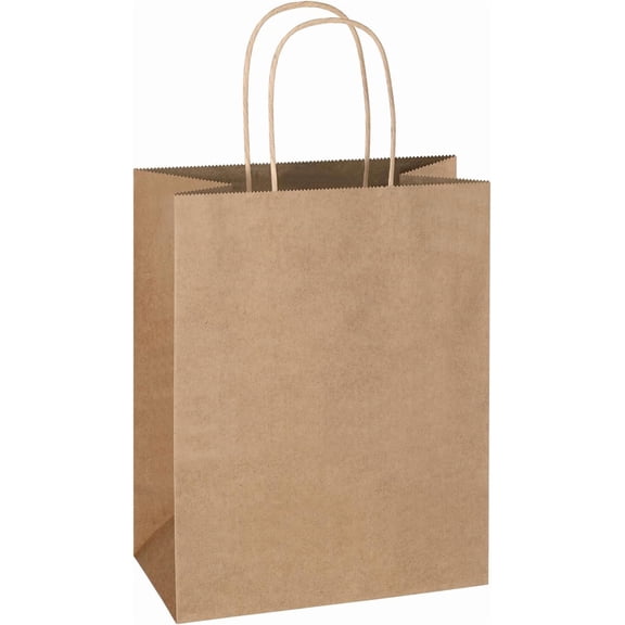 100 Pack 8x4.75x10 Inch Plain Medium Brown Kraft Paper Gift Bags with Handles Bulk for Goodie, Party Favor Brithday Grocery Shopping, Business Wedding Retail Craft Treat To Go, Merchandise Sacks