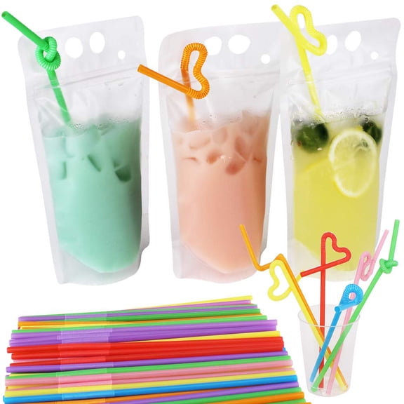 100 Pack 9.1 X 5.2 Inch/17 Ounce 8mil Clear Drink Pouches With Heavy Duty Hand-held Translucent Reclosable Zipper Stand-up Plastic Bags Drinking Bag 2.4 Inch Bottom Gusset Straws