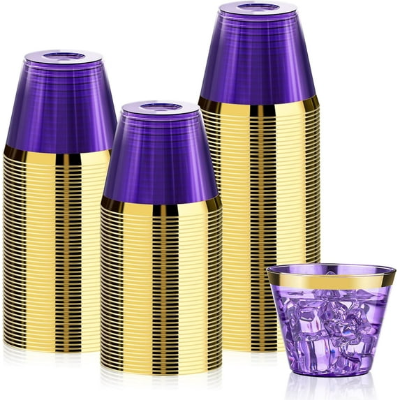 100 Pack 9 oz Purple Plastic Cups, Clear Disposable Cups with Gold Rim, Plastic Cocktail Glasses for Party & Graduation & Wedding