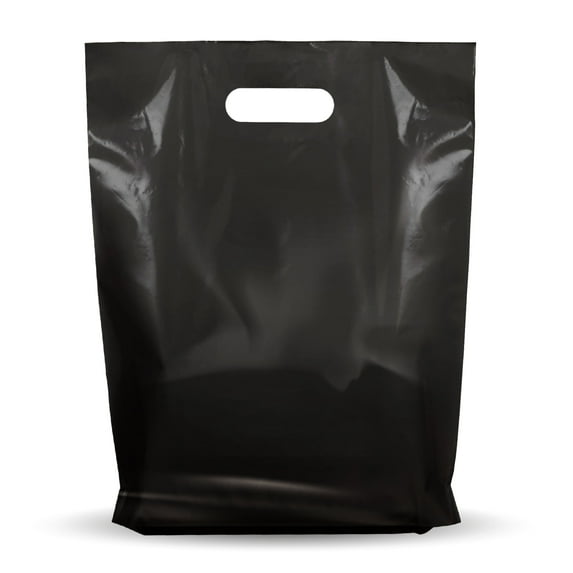 100 Pack 9" x 12" with 1.25 mil Thick Black Merchandise Plastic Glossy Retail Bags - Die Cut Handles - Perfect for Shopping, Party Favors, Birthdays, Children Parties - Color Black - 100% Recyclable