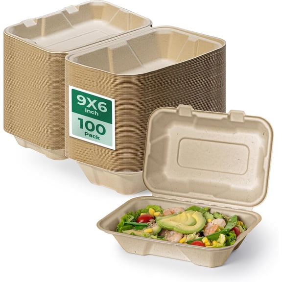 100 Pack 9x6 Compostable To Go Food Containers, Disposable To Go Boxes for Food, Lunch Boxes, Clamshell Take Out Containers with Lids, Eco Friendly Biodegradable, PFAS-Free, Bagasse