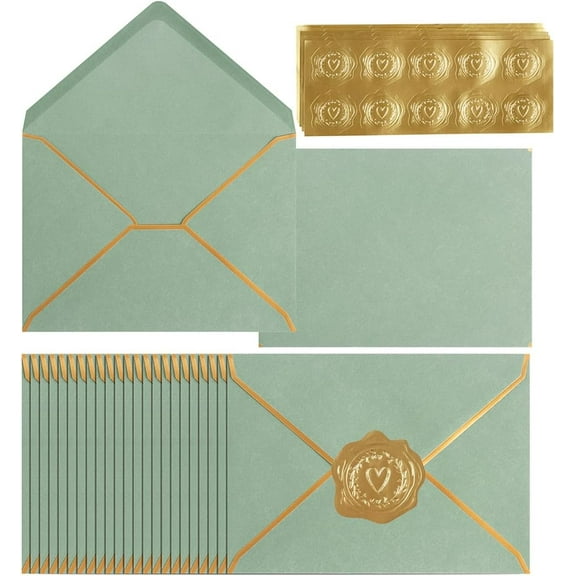 100 Pack A7 Envelopes 5 x 7 Card Envelopes V Flap with Gold Border for Office, Wedding Gift Cards, Invitations, Graduation, Baby Shower, Parties (Sage-Green, 5.32 x 7.28 Inches)