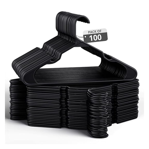 100 Pack Adult Plastic Hanger for Shirt Pants Coats Dresses Skirts Suits - Standard Thick Coat Hanger - Sturdy & Durable Design with Shoulder Hook - Black