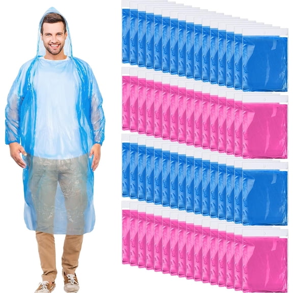 100 Pack Adult Rain Ponchos with Hood Disposable Plastic Emergency Raincoats for Men and Women Blue Pink