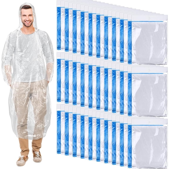 100 Pack Adult Rain Ponchos with Hood Disposable Plastic Emergency Raincoats for Men and Women Blue White