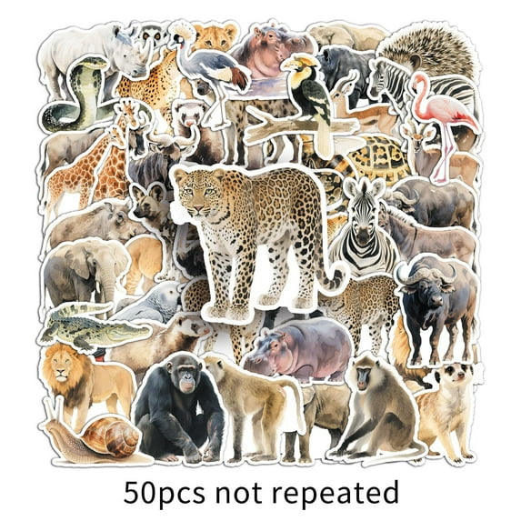 100-Pack African Animals Stickers, Watercolor Safari Doodle Decals with Leopard & Giraffe, Waterproof Vinyl for Water Bottle, Laptop & Luggage