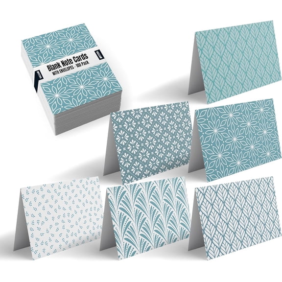 100-Pack All Occasion Greeting Cards, Assorted Blank Note Cards, 4 x 6 inch, 6 Blue Hue Floral Designs, Blank Inside, with Envelopes, 100 Pack