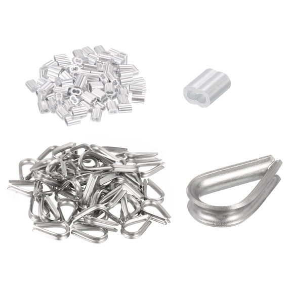 100 Pack Aluminum Crimping Loop Sleeve and 16 Pack Stainless Steel Thimble for 5/64" Dia Wire Rope,