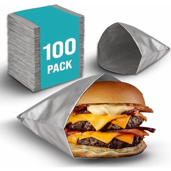 100 Pack Aluminum Foil Hamburger Bags – Grease-Resistant Burger Wrappers for Hot Sandwiches, Paninis, BBQ, Pretzels & More – BPA-Free, Disposable Takeout Food Sleeves by