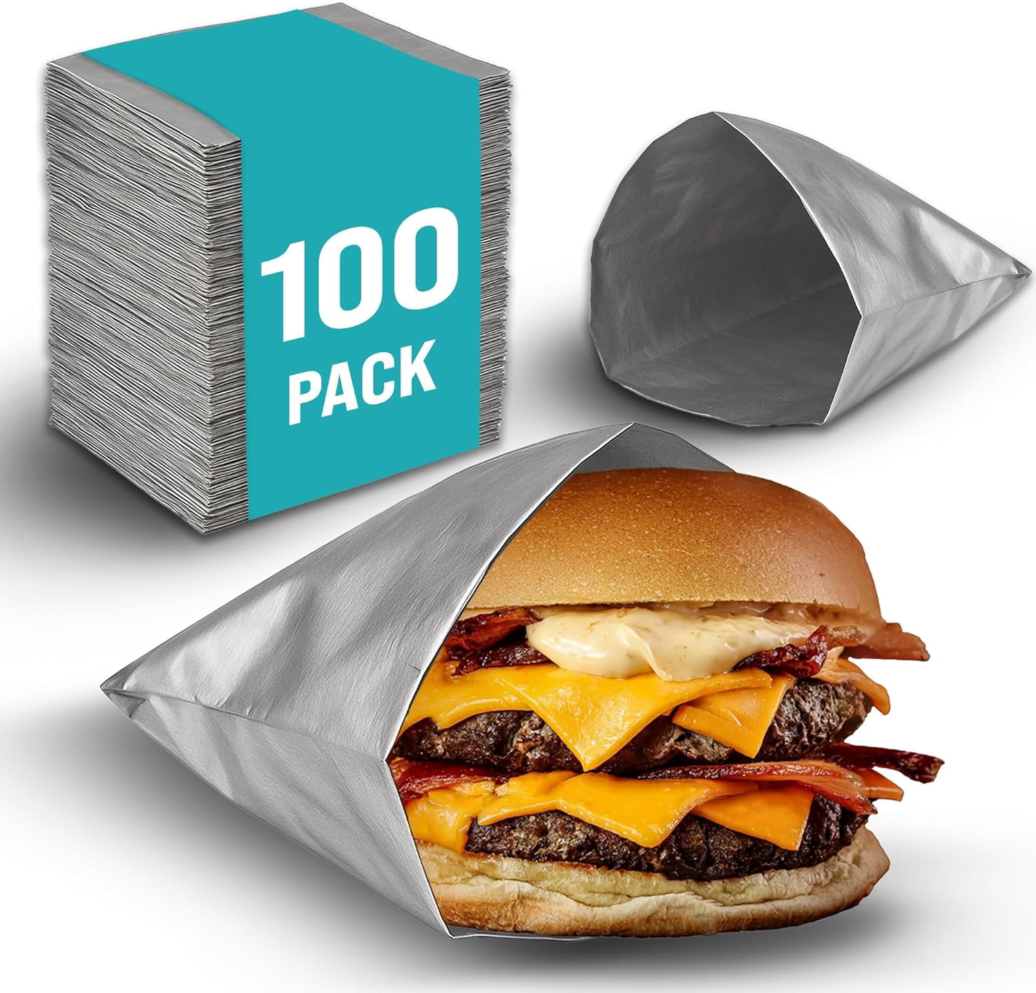 100 Pack Aluminum Foil Hamburger Bags – Grease-Resistant Burger Wrappers for Hot Sandwiches, Paninis, BBQ, Pretzels & More – BPA-Free, Disposable Takeout Food Sleeves by