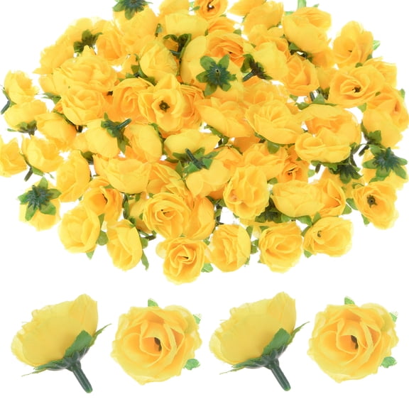 Uxcell 100 Pack Artificial Roses Heads 1.2" Small Silk Faux Rose Head for Decor Fake Bloom Flower Heads Buds Yellow