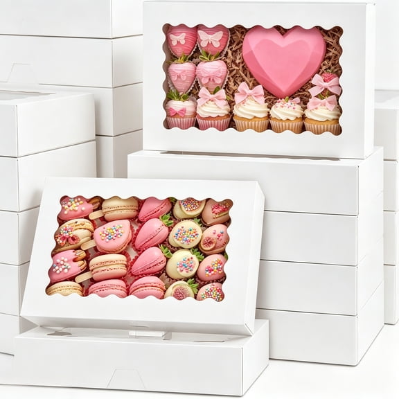 100 Pack Auto Pop Up Cookie Boxes with Window, 12 x 8 x 2.5 Inch White Bakery Boxes Treat Boxes for Chocolate Covered Strawberries, Breakable Heart, Sugar Cookies, Cake Pops, Donuts and Pastries