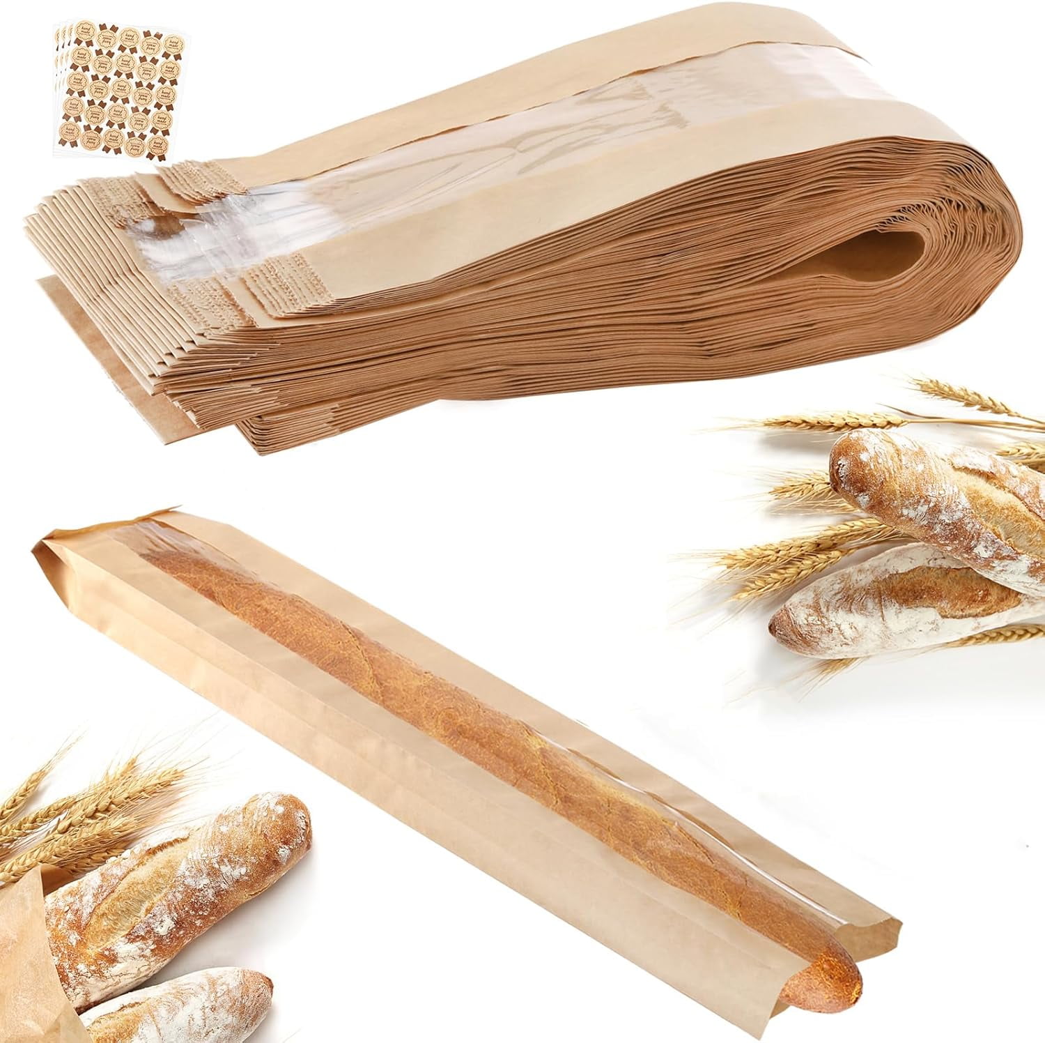 100 Pack Baguette Kraft Bags with Clear Front Window and 100 Seal ...