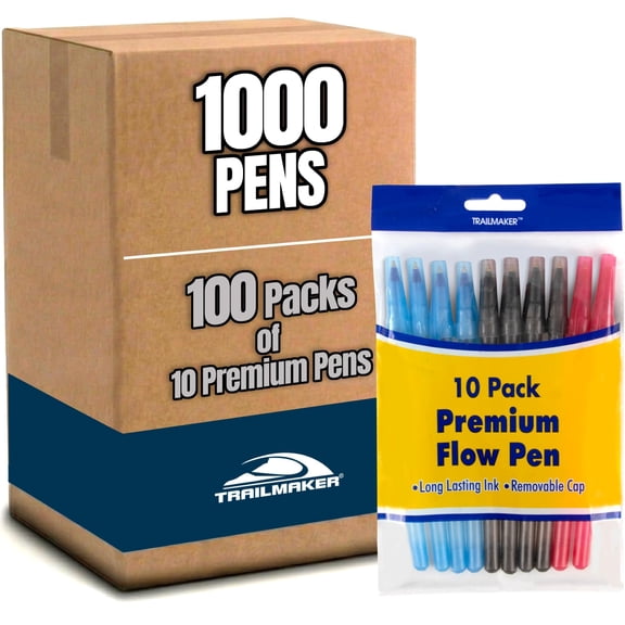 100 Pack Ballpoint Pens with Removable Cap, Premium Flow 10 Pens per Pack - Black Red Blue Ink for Office, Notetaking, Writing 1,000 Ballpoint Pens Total
