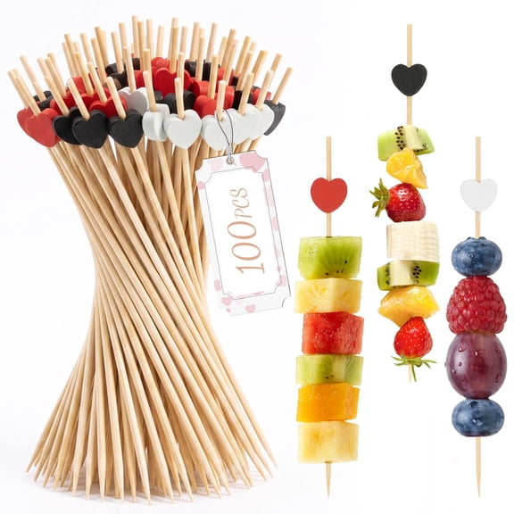 100 Pack Bamboo Cocktail Picks, 4.72 Inch 3D Heart Appetizer Skewers for Fruit Charcuterie Sandwiches, Red Black White