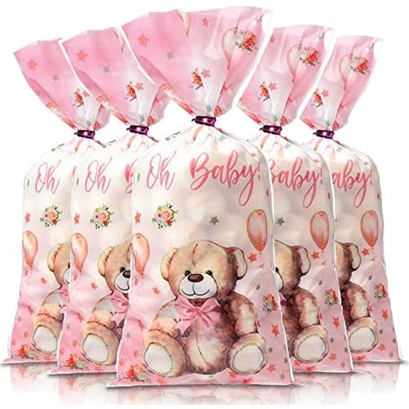 100 Pack Bear Baby Shower Treat Bags Bear Cellophane Bulk Plastic Goodie Candy Gift Bags with Metallic Twist Ties for Gender Reveal Birthday Party Favors Pink Baby Shower, Goodie Candy Gift Bags